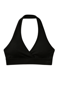Front flat lay view of the LOAR black Halo Flex Halter, highlighting the V-neck design. Premium alternative activewear.